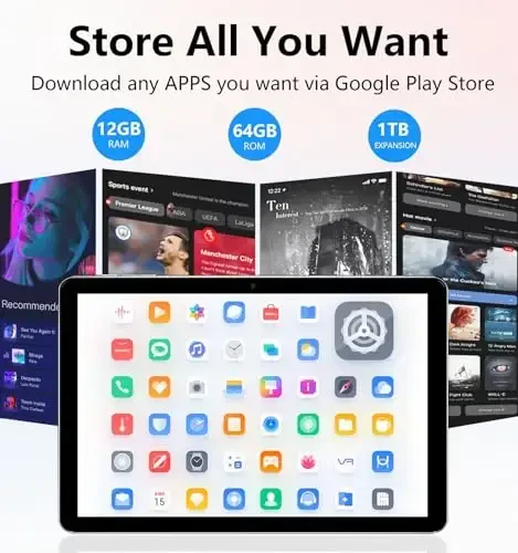 Android Tablet, 10.1 inch Android 15 Tablets 12GB(4+8) RAM / 64GB ROM / 1TB SD Card Expansion, 1280x800 IPS HD Touchscreen, 6000mAh Battery, Bluetooth 5.0, Dual Cameras, GMS, Dual Band WiFi - Silver - 6