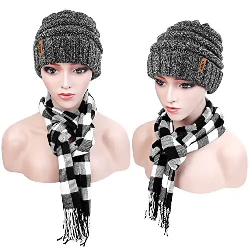 Aneco Winter Warm Knitted Sets Buffalo Plaid Scarf Beanie Hat Touch Screen Gloves and Winter Ear Warmer Set for Men or Women - 7