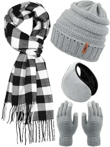 Aneco Winter Warm Knitted Sets Buffalo Plaid Scarf Beanie Hat Touch Screen Gloves and Winter Ear Warmer Set for Men or Women - Modazone
