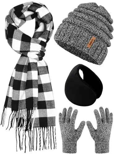 Aneco Winter Warm Knitted Sets Buffalo Plaid Scarf Beanie Hat Touch Screen Gloves and Winter Ear Warmer Set for Men or Women - 1
