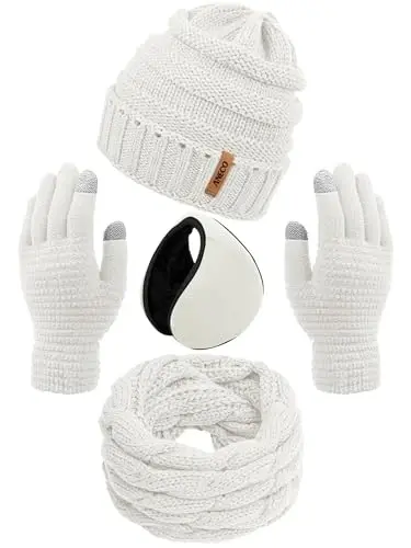 Aneco Winter Warm Sets Knitted Scarf Beanie Hat Touch Screen Gloves and Winter Ear Warmer for Men or Women 