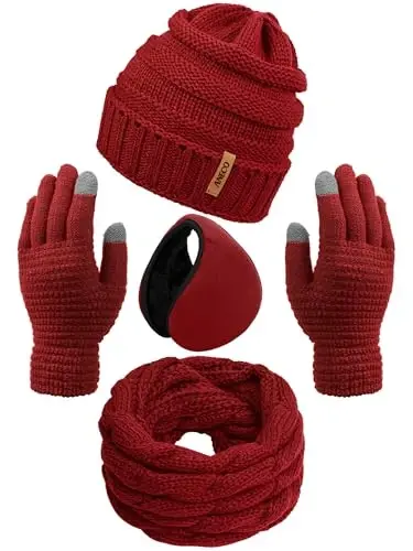 Aneco Winter Warm Sets Knitted Scarf Beanie Hat Touch Screen Gloves and Winter Ear Warmer for Men or Women 