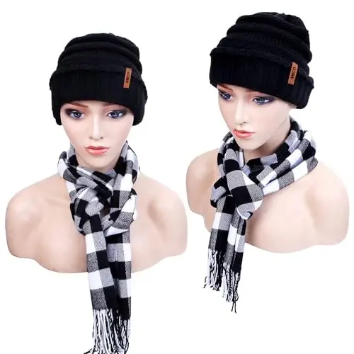 Aneco Qishki issiq trikotaj to'plamlari Buffalo Plaid sharf Beanie shlyapa sensorli ekranli qo'lqoplar va erkaklar yoki ayollar uchun qishki quloq isitgich to'plami - 7