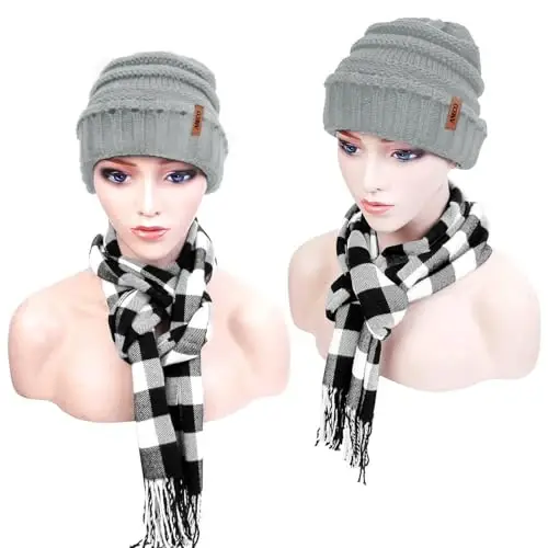 Aneco Winter Warm Knitted Sets Buffalo Plaid Scarf Beanie Hat Touch Screen Gloves and Winter Ear Warmer Set for Men or Women - 7