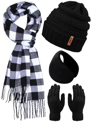 Aneco Winter Warm Knitted Sets Buffalo Plaid Scarf Beanie Hat Touch Screen Gloves and Winter Ear Warmer Set for Men or Women - 1