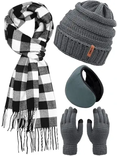 Aneco Winter Warm Knitted Sets Buffalo Plaid Scarf Beanie Hat Touch Screen Gloves and Winter Ear Warmer Set for Men or Women - ANECO