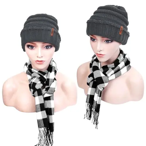 Aneco Winter Warm Knitted Sets Buffalo Plaid Scarf Beanie Hat Touch Screen Gloves and Winter Ear Warmer Set for Men or Women - 7