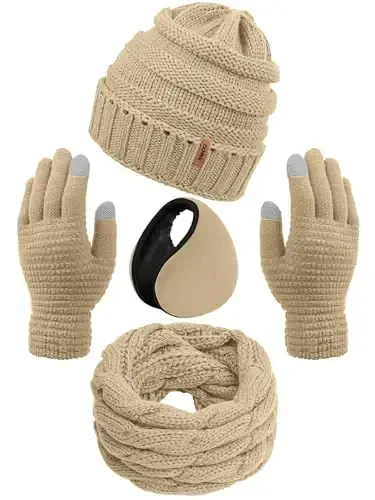 Aneco Winter Warm Sets Knitted Scarf Beanie Hat Touch Screen Gloves and Winter Ear Warmer for Men or Women 