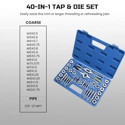 Anfrere 40pcs Metric Tap and Die Set, Metric Standard Rethreading Tool Kit, Coarse and Fine Threads for Cutting External and Internal Threads, Essential Repair Tool Kit with Thread Wrench - 6