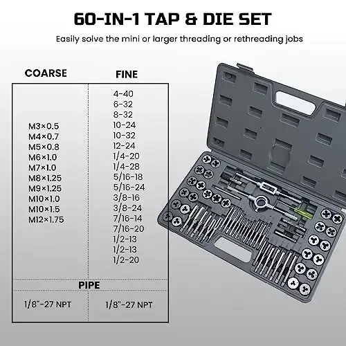 Anfrere 60pcs SAE & Metric Tap and Die Set, Metric Standard Rethreading Tool Kit, Coarse and Fine Threads for Cutting External and Internal Threads, Essential Repair Tool Kit with Storage Case - 5