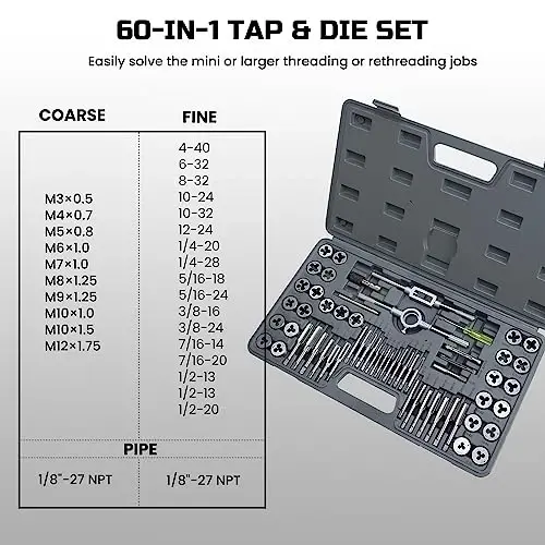 Anfrere 60pcs SAE & Metric Tap and Die Set, Metric Standard Rethreading Tool Kit, Coarse and Fine Threads for Cutting External and Internal Threads, Essential Repair Tool Kit with Storage Case - 5