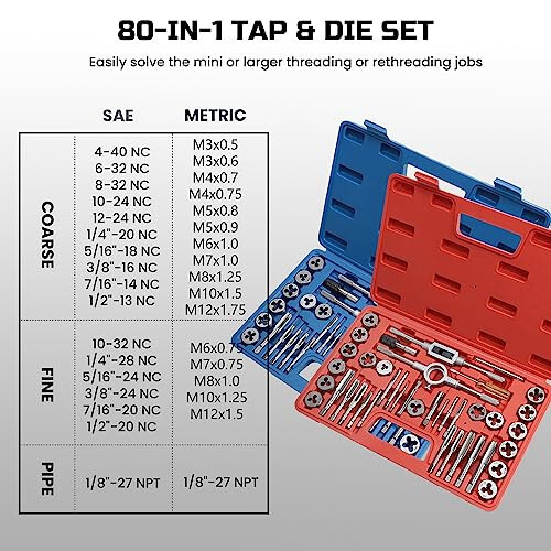 Anfrere 80 Parça Tap ve Matkap Seti, SAE & Metrik Tap Matkap Anahtar Seti, Metrik Standart M3 - M12 Kaba İnce Tekrar İplikleme İplik Uçları Dış ve İç İplik Kesmek İçin, NC, NF, NPT Onarım Aletleri - 6