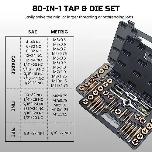 Anfrere Brass Coated 80pcs SAE & Metric Tap and Die Set, Metric Standard Rethreading Tool Kit, Coarse and Fine Threads for Cutting External and Internal Threads, Essential Repair Tool Kit with Case - 5