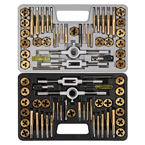 Anfrere Brass Coated 80pcs SAE & Metric Tap and Die Set, Metric Standard Rethreading Tool Kit, Coarse and Fine Threads for Cutting External and Internal Threads, Essential Repair Tool Kit with Case - 1