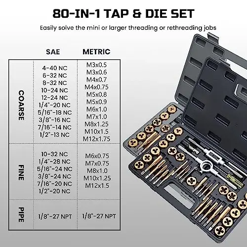 Anfrere Brass Coated 80pcs SAE & Metric Tap and Die Set, Metric Standard Rethreading Tool Kit, Coarse and Fine Threads for Cutting External and Internal Threads, Essential Repair Tool Kit with Case - 5