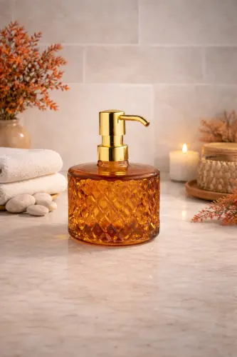 Kristal Cam Sıvı Sabunluk - Bal •• Banyo & Mutfak İçin Tezgah Üstü Lavabo Bulaşık Gold Detaylı - Bal - ANGDESİGN (1)