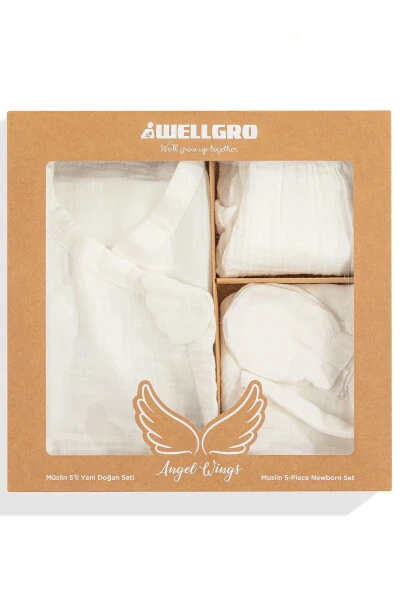 Angel Wings Muslin 5 Pack Newborn Set - White - WELLGRO