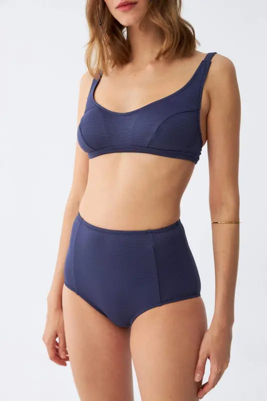 Angelino Ayollar Asosiy To'q ko'k Padli Baland Bel Bikini To'plami - 5