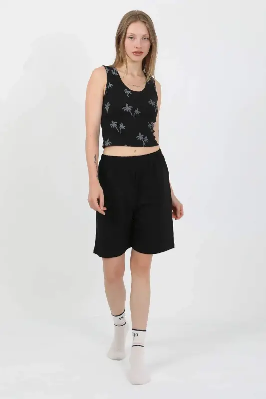 Angelino Ayollar Kalin Kamarli Paxta Penye Shortli Crop To'plam Qora 3636 - 3