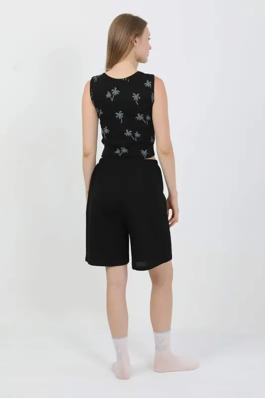 Angelino Ayollar Kalin Kamarli Paxta Penye Shortli Crop To'plam Qora 3636 - 4