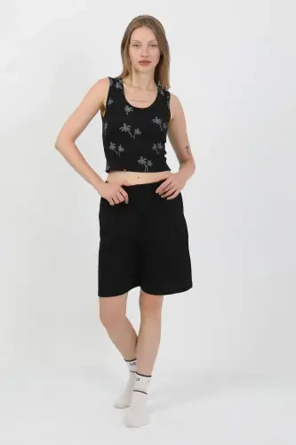 Angelino Ayollar Kalin Kamarli Paxta Penye Shortli Crop To'plam Qora 3636 - 6