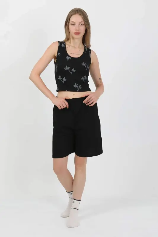 Angelino Ayollar Kalin Kamarli Paxta Penye Shortli Crop To'plam Qora 3636 - 6