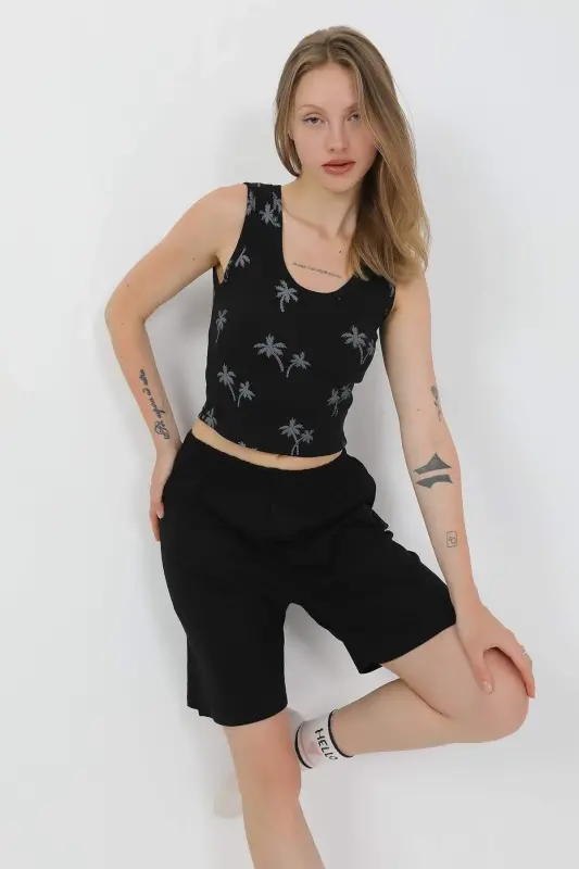 Angelino Ayollar Kalin Kamarli Paxta Penye Shortli Crop To'plam Qora 3636 - 7