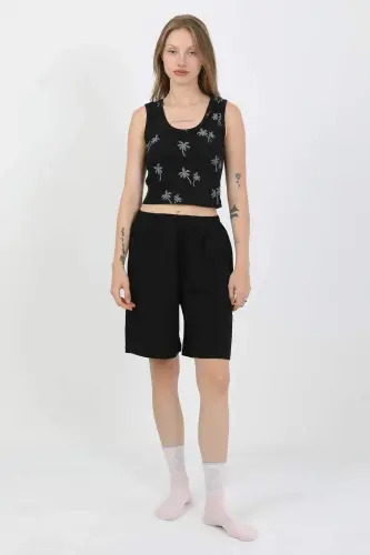 Angelino Ayollar Kalin Kamarli Paxta Penye Shortli Crop To'plam Qora 3636 - 8