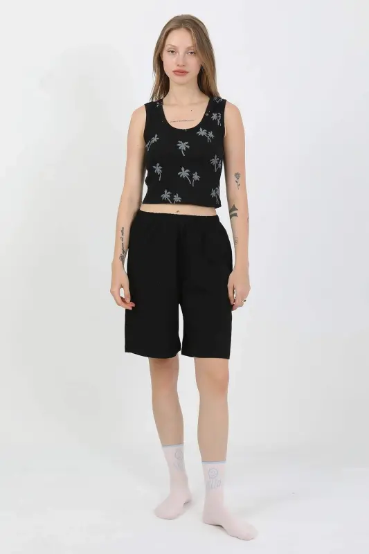 Angelino Ayollar Kalin Kamarli Paxta Penye Shortli Crop To'plam Qora 3636 - 8