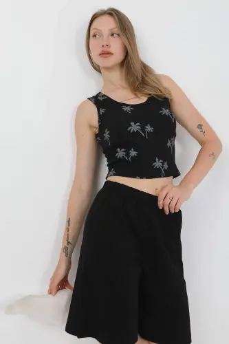 Angelino Ayollar Kalin Kamarli Paxta Penye Shortli Crop To'plam Qora 3636 - 9