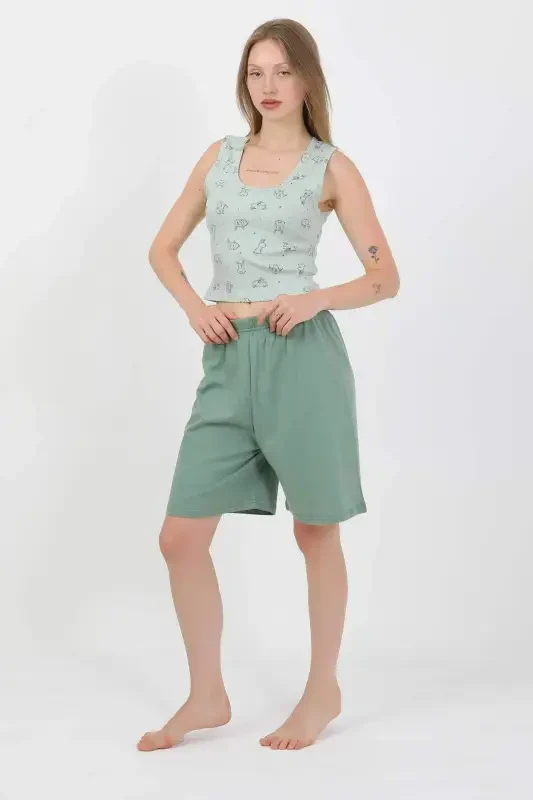 Angelino Ayollar Kalin Yelkali Paxta Penye Shortli Crop To'plami Suv Yashili 3636 - 1