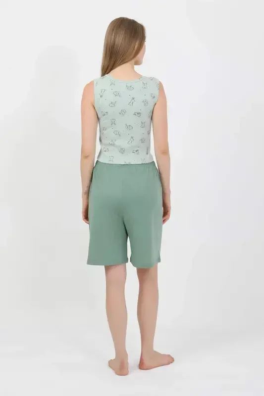 Angelino Ayollar Kalin Yelkali Paxta Penye Shortli Crop To'plami Suv Yashili 3636 - 4