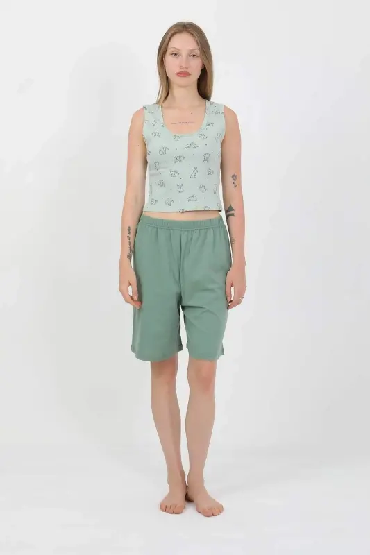 Angelino Ayollar Kalin Yelkali Paxta Penye Shortli Crop To'plami Suv Yashili 3636 - 3
