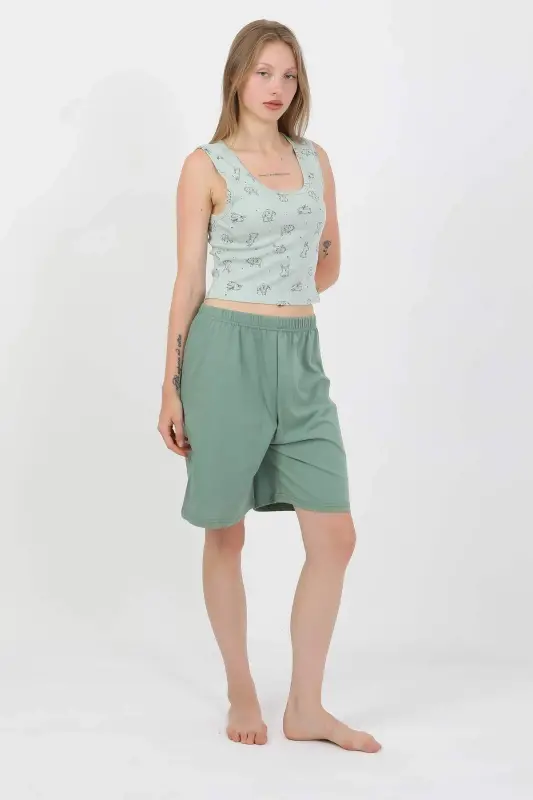 Angelino Ayollar Kalin Yelkali Paxta Penye Shortli Crop To'plami Suv Yashili 3636 - 8