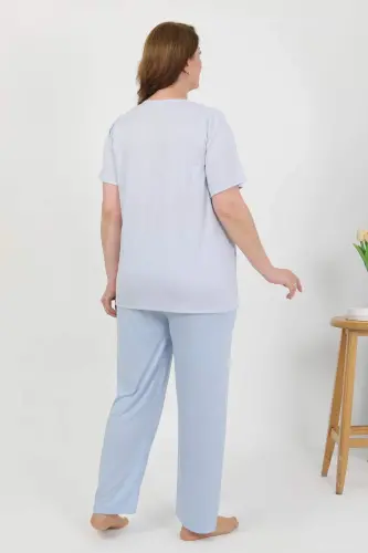 Angelino Ayollar Katta Hajmli Qisqa Yengli Paxta Pijama To'plami Moviy 202510 - 5