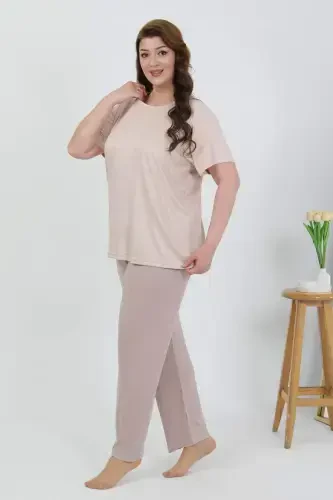 Angelino Ayollar Katta O'lchamli Qisqa Qisma Paxtalik Pijama To'plami Sutli Qahva 202510 - 4