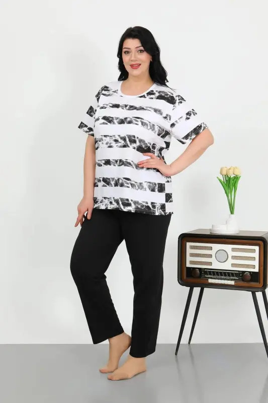 Angelino Ayollar Katta O'lchamli Qisqa Yengli Penye Pijama To'plami Oq 202505 - 1