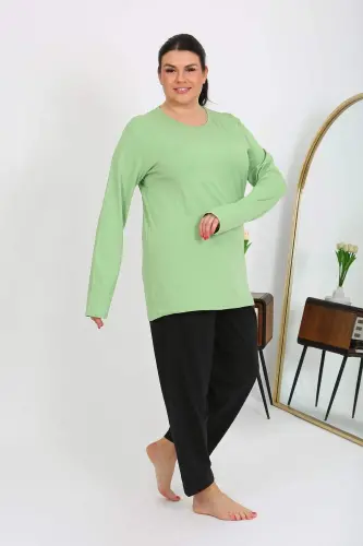 Angelino Ayollar Katta O'lchamli Uzun Yengli Penye Pijama To'plami Fistik Yashil 202408 - 3