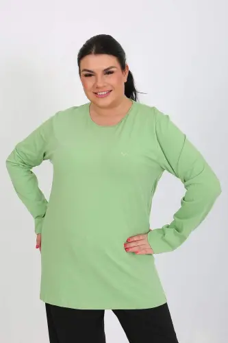 Angelino Ayollar Katta O'lchamli Uzun Yengli Penye Pijama To'plami Fistik Yashil 202408 - 5