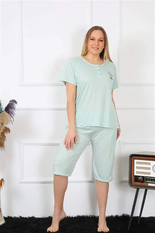 Angelino Ayollar Katta Razmerli Viscon Suv Yashili Capri Pijama To'plami 202193 - 5