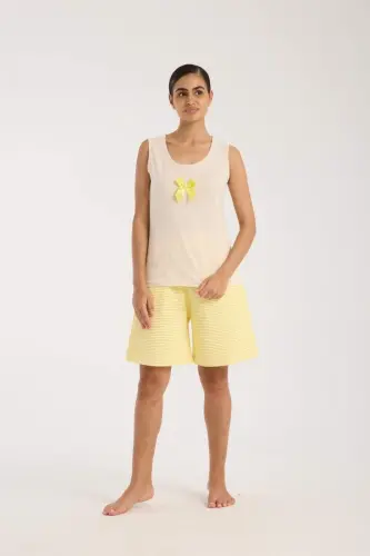 Angelino Ayollar Oq Kurdele Tafsilotli Sariq Chiziqli Shortikli Pijama To'plami - 5