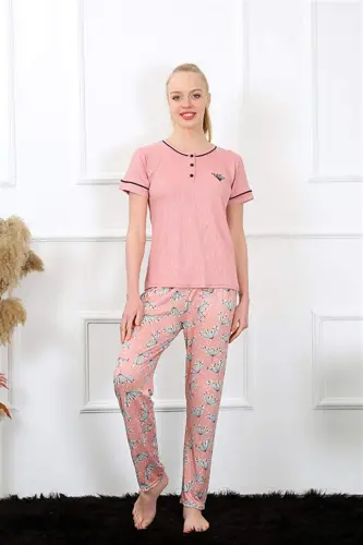 Angelino Ayollar Pushti Gullar Qisqa Yengli Pijama To'plami 20388 - 1