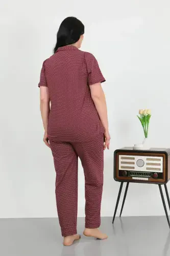 Angelino Ayollar uchun katta o'lchamli paxta cho'ntakli tugmachali binafsha rangli pijama to'plami 202507 - 4