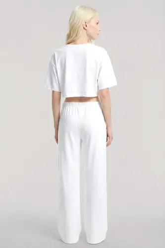 Angelino Baskılı Crop T-Shirt Pantolon Takım Beyaz - 1