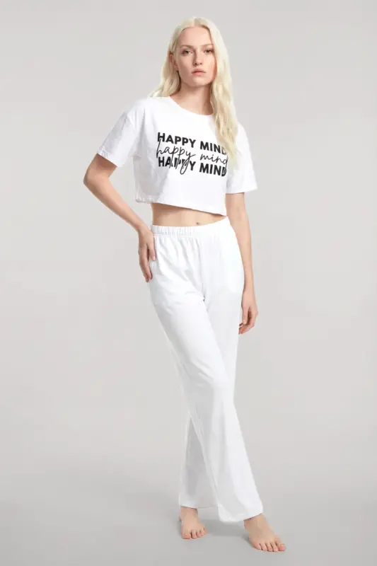 Angelino Baskılı Crop T-Shirt Pantolon Takım Beyaz - BÜYÜKBEDENIZ