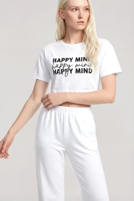 Angelino Baskılı Crop T-Shirt Pantolon Takım Beyaz - 3