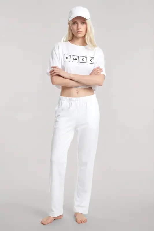 Angelino Baskılı Crop T-Shirt Pantolon Takım Beyaz - BÜYÜKBEDENIZ