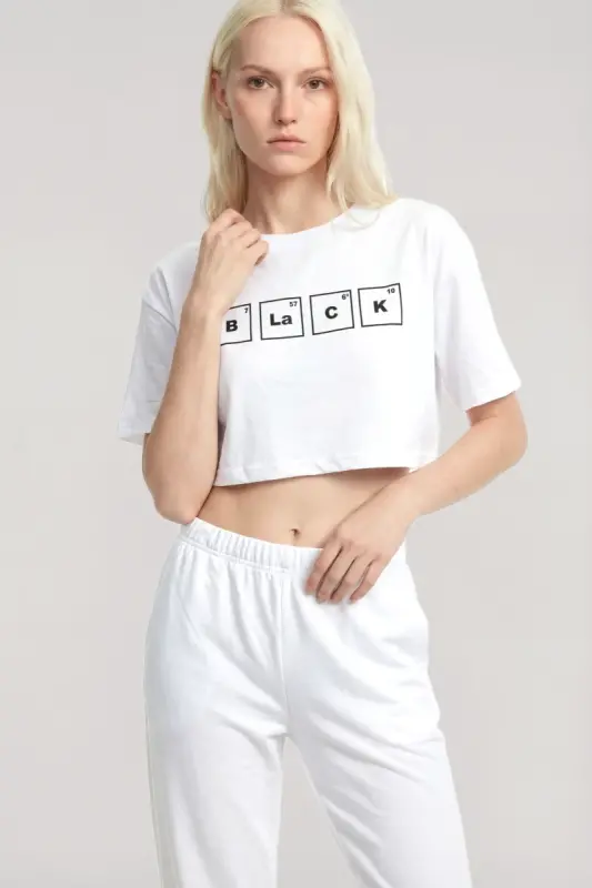 Angelino Baskılı Crop T-Shirt Pantolon Takım Beyaz - 2