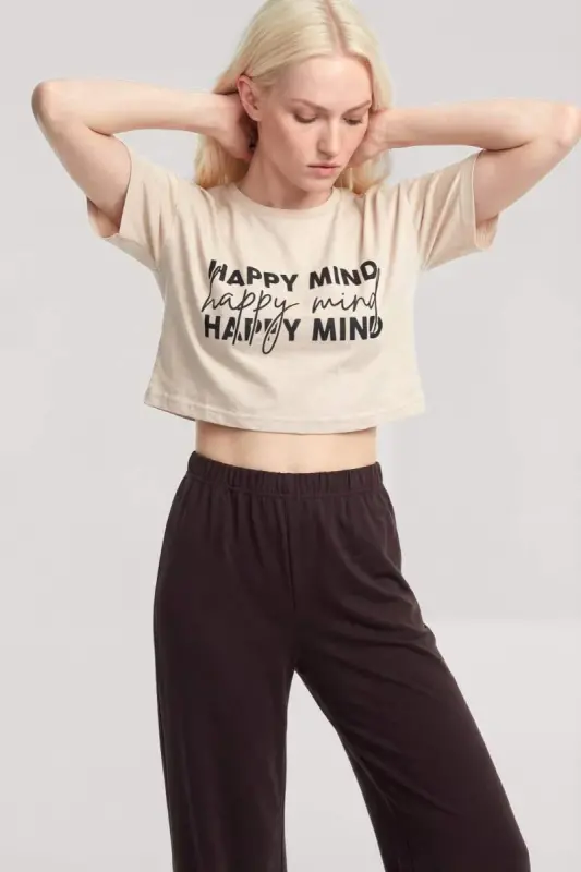 Angelino Baskılı Crop T-Shirt Pantolon Takım Kum Kahve - 2
