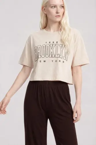 Angelino Baskılı Crop T-Shirt Pantolon Takım Kum Kahve - 3